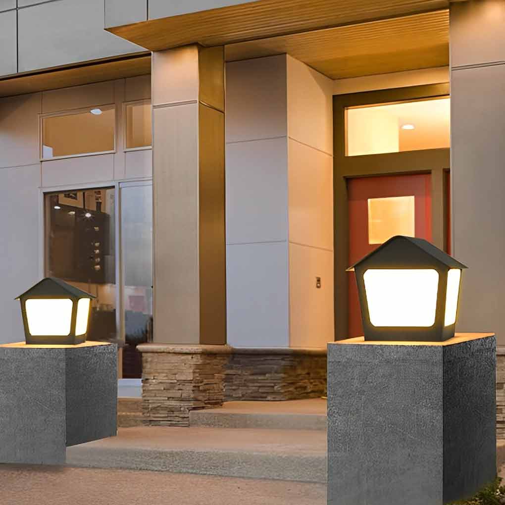 Patio pillar lights with detailed view of its roof structure.