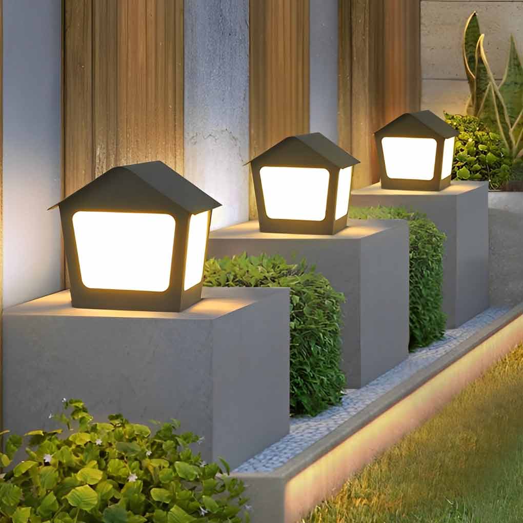 Patio pillar lights with side view showing depth and light diffusion.