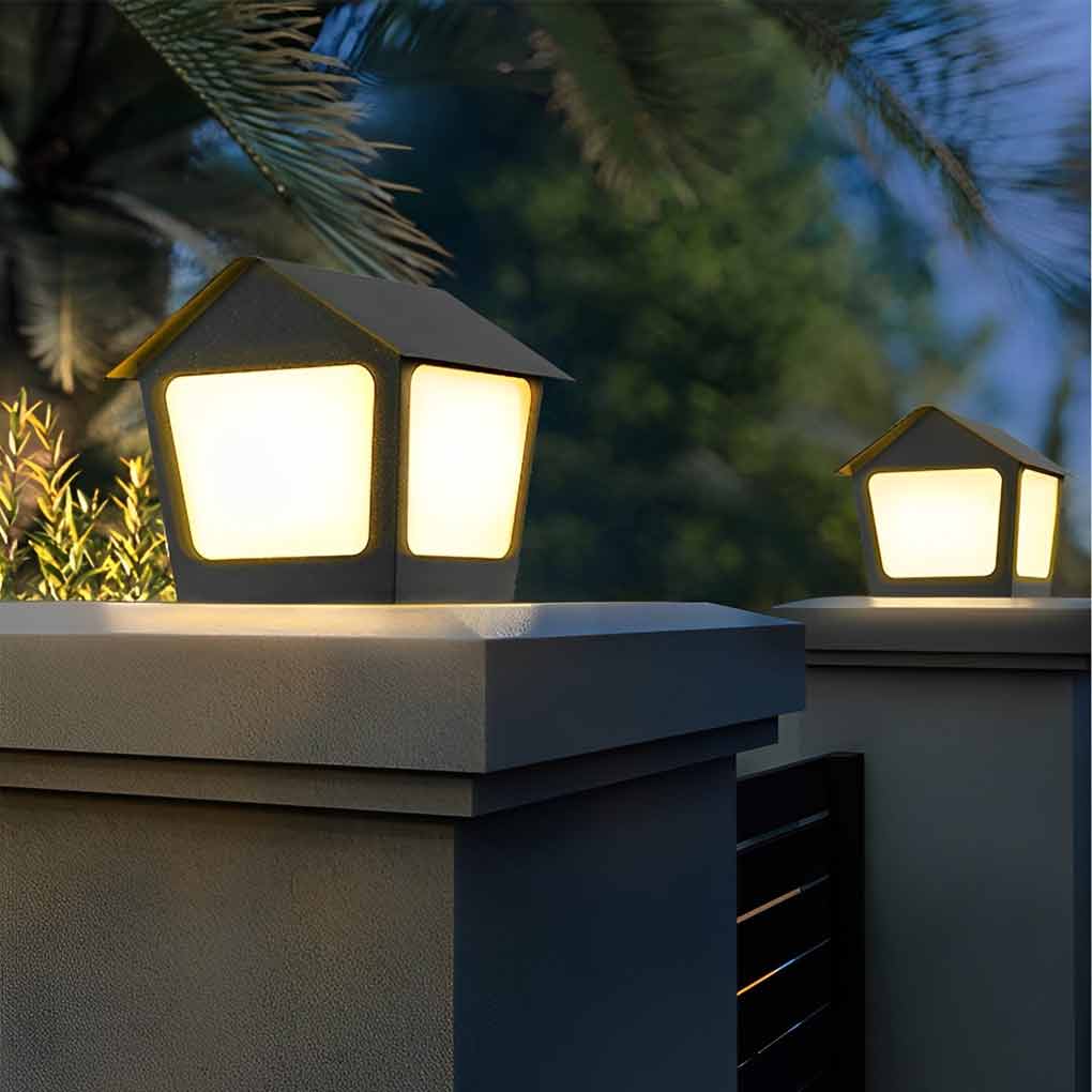 Patio pillar lights enhancing a stylish outdoor staircase with ambient light.