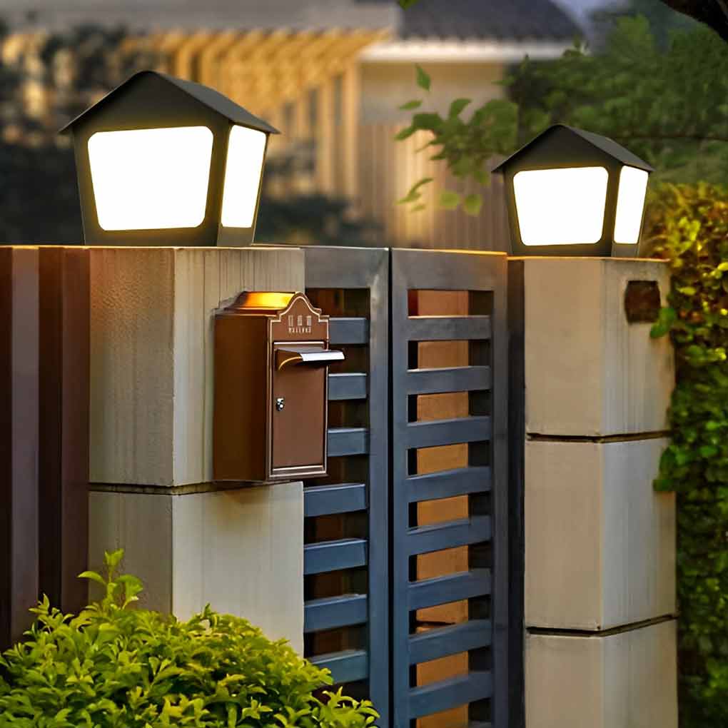 Patio pillar lights with top view highlighting the unique house shape.