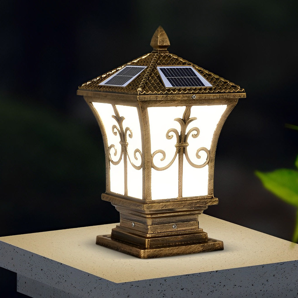 Pillar lantern lights with a solar panel, providing eco-friendly illumination for a garden.