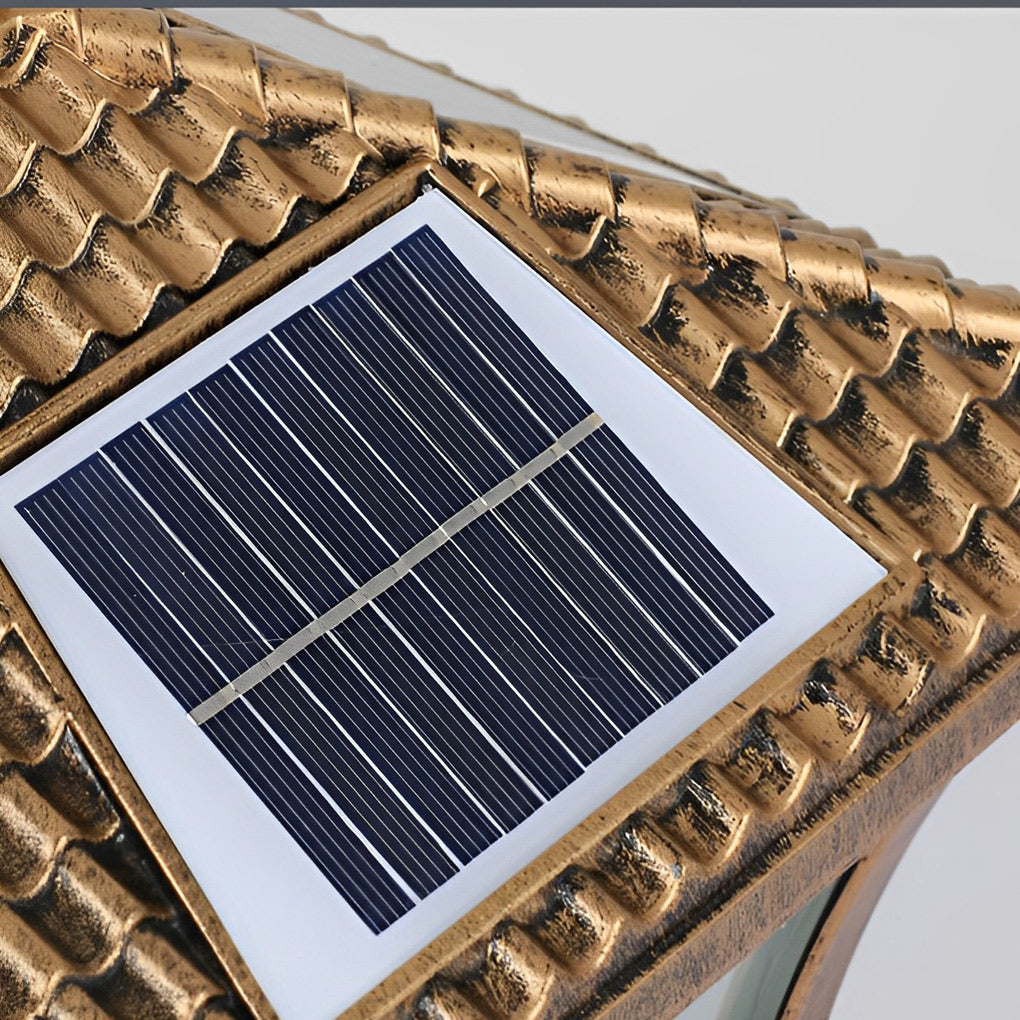 Pillar lantern lights with a detailed view of their solar panel and ornate design.