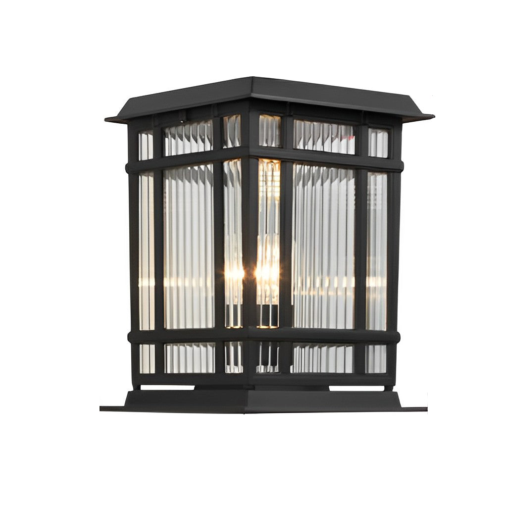 Pillar solar light front view product image, emphasizing symmetrical frame and bright internal illumination.