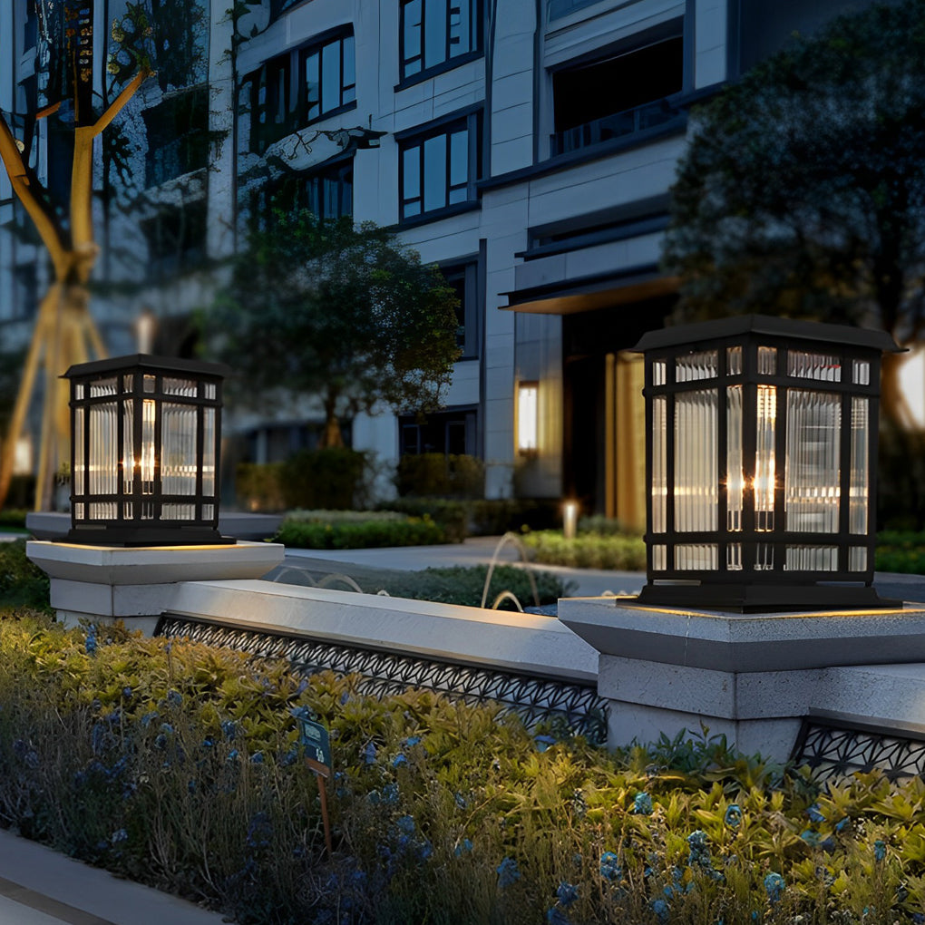 Pillar solar light used in a landscaped residential garden, adding structure and illumination to pathway borders.