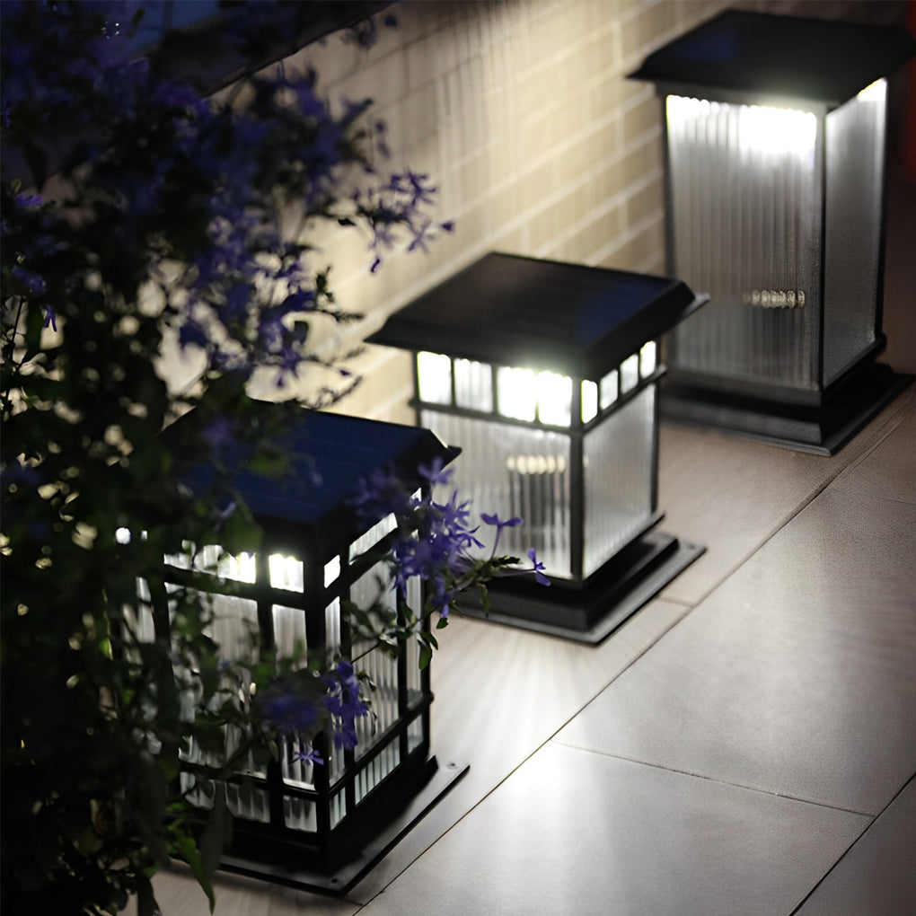 Pillar solar light installed along an outdoor stair edge, providing safe and decorative lighting for evening walkways.