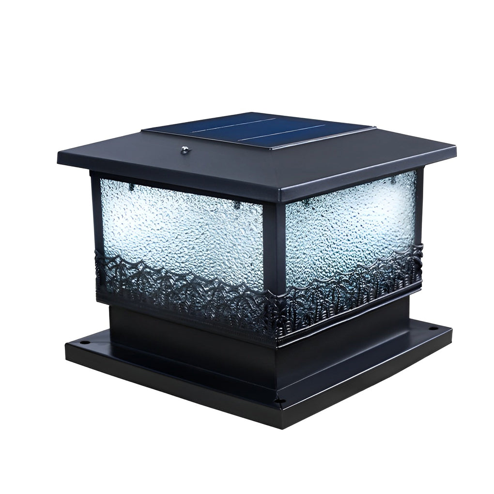Pillar solar lights for outdoors detailed angle view highlighting the black metal frame and frosted glass panels.
