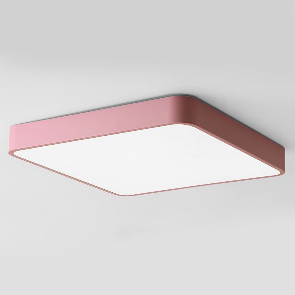 Close up of pink square ceiling light showing slim edge design.