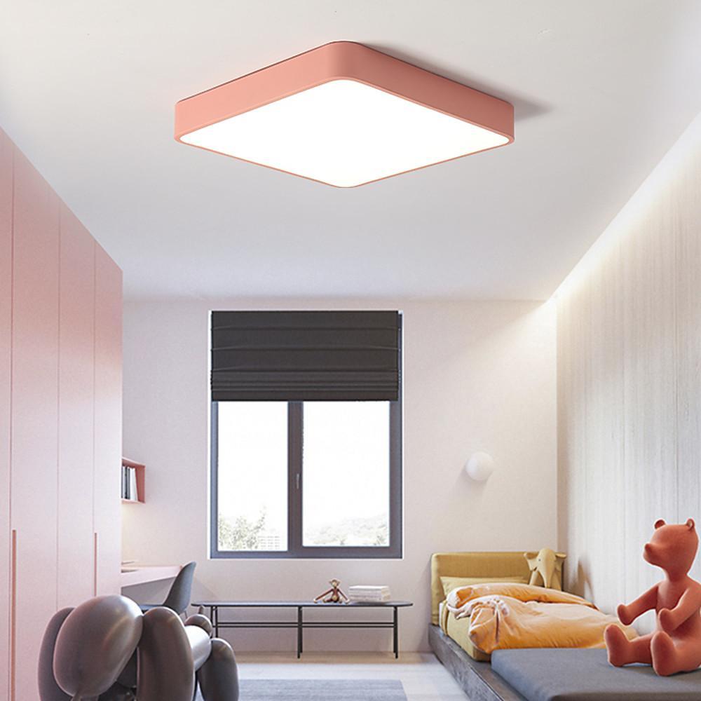Pink square ceiling light designed for a kids bedroom.