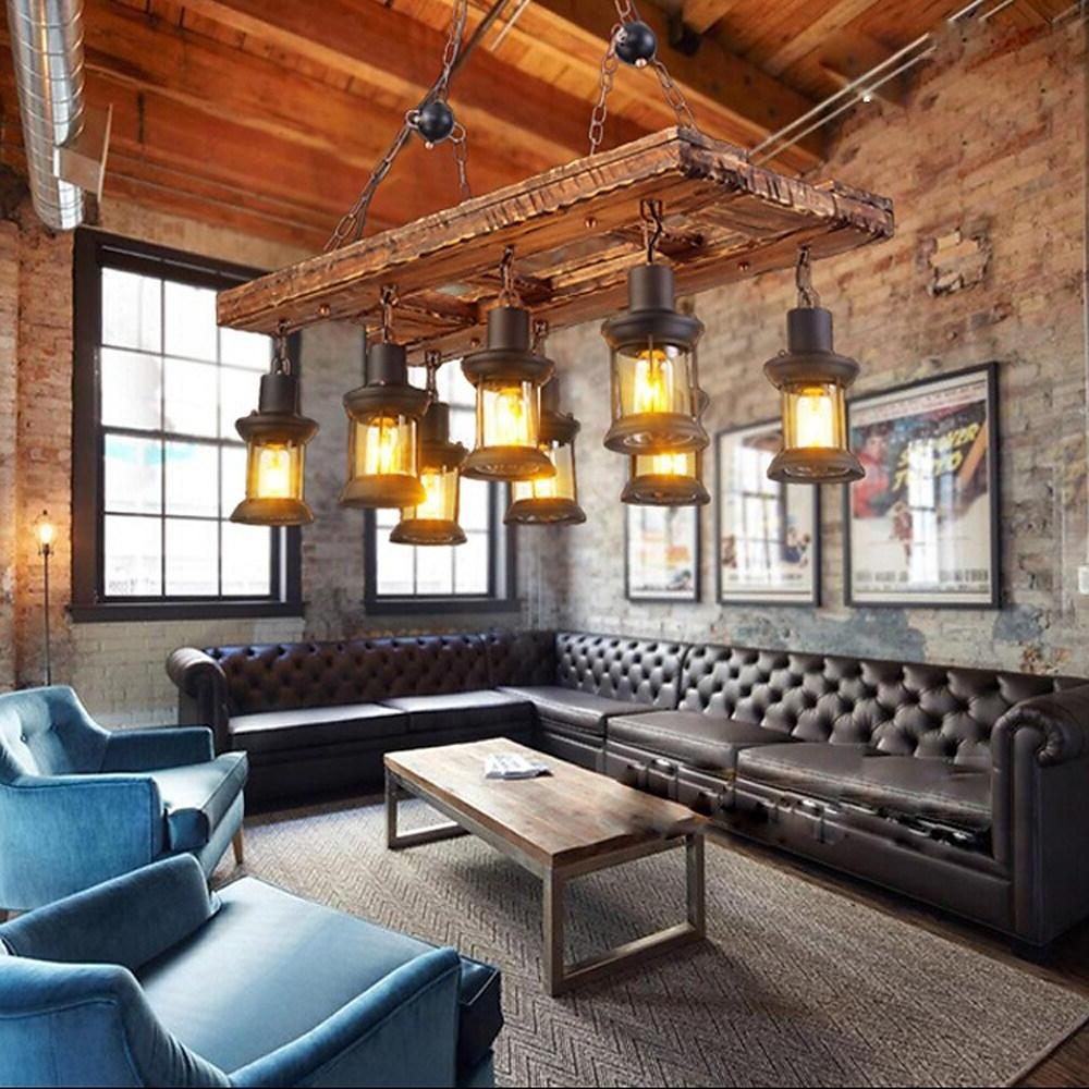 8 - light Vintage Wood Glass Lantern LED Farmhouse Chandeliers Hanging Lamp