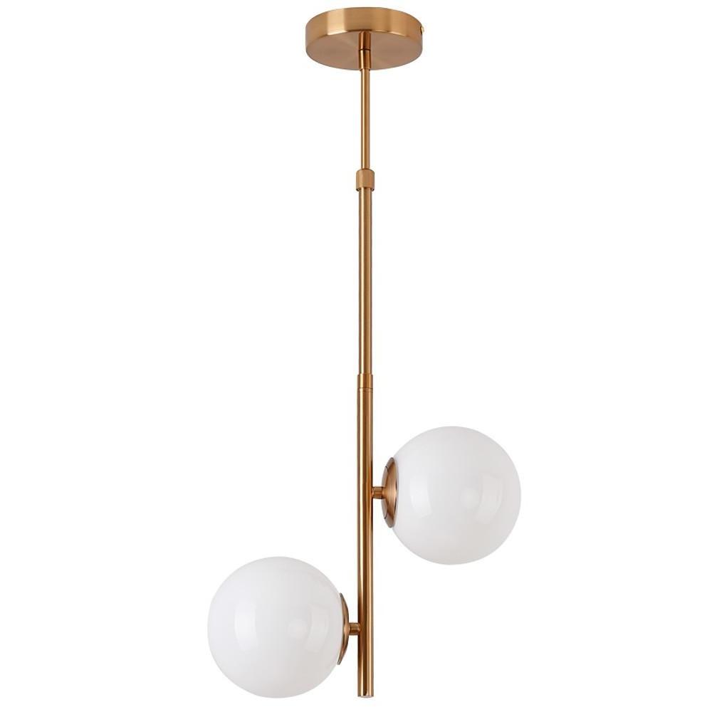 Sleek Vertical Gold Pendant light with two white glass globes shown on a pure white background!