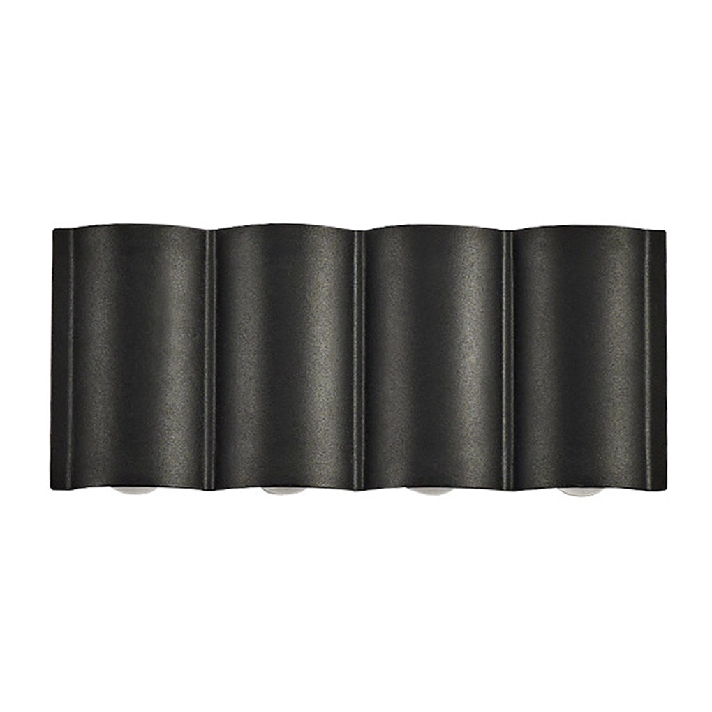 Quadruple black up and down outdoor wall lights with wide light spread for contemporary outdoor spaces.