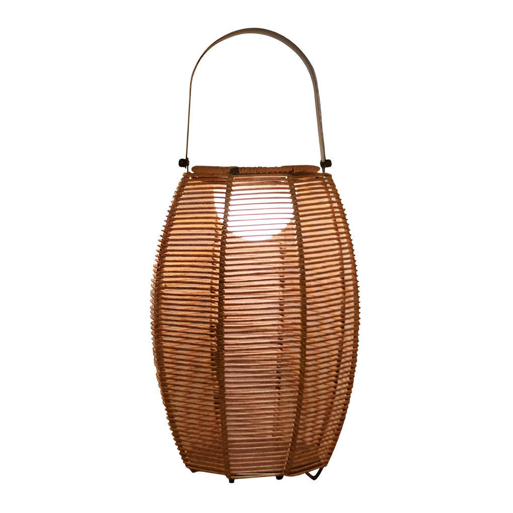 Rattan floor lantern with close-up of the light source and diffusion.