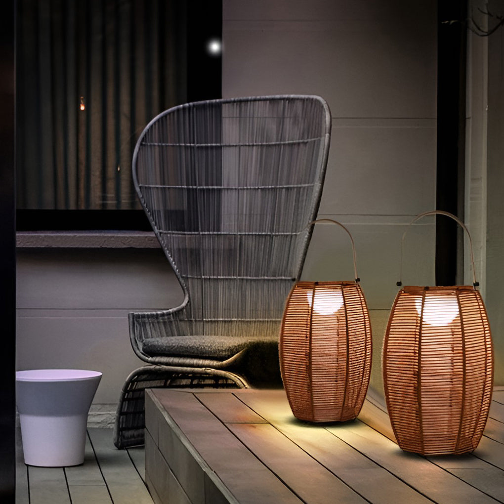 Rattan floor lantern with close-up of its woven design and light output.