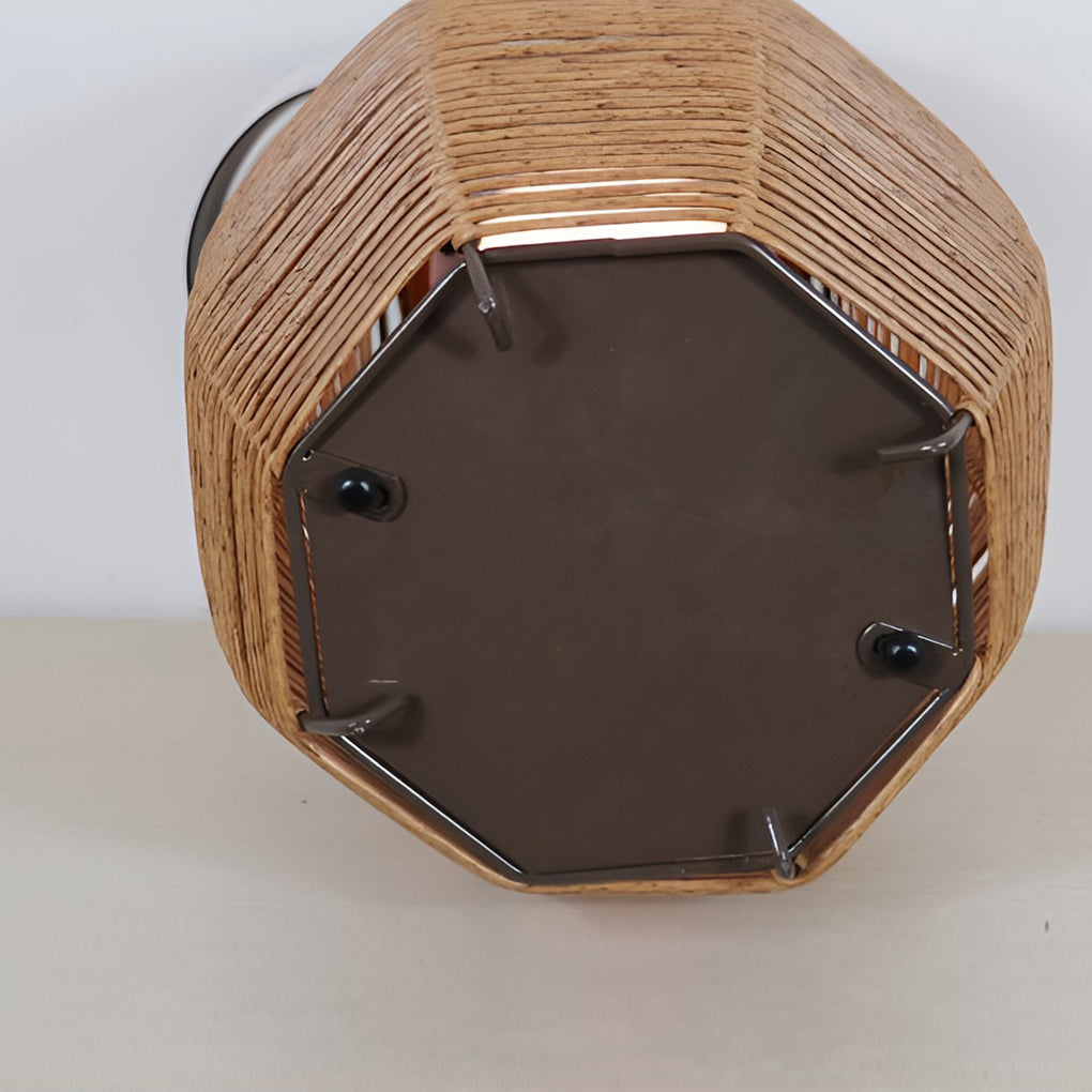 Rattan floor lantern with multiple units arranged for modern outdoor lighting.