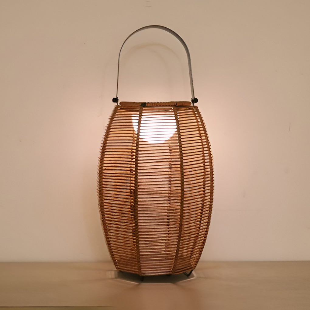 Rattan floor lantern with top view highlighting the solar panel.