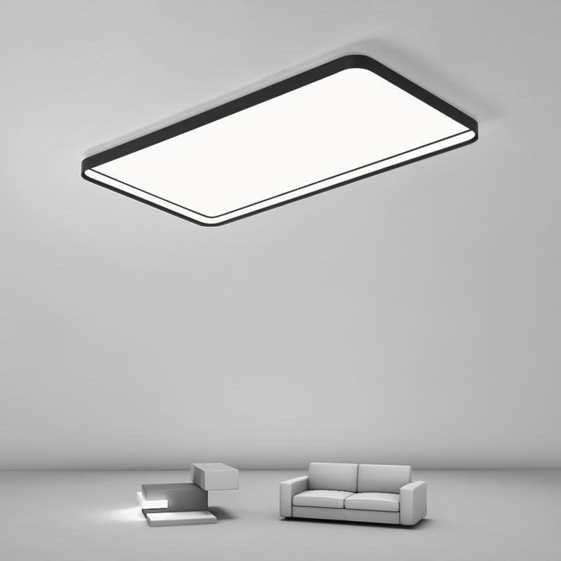 Rectangular flush mount ceiling light providing ambient lighting in a minimalist living room.