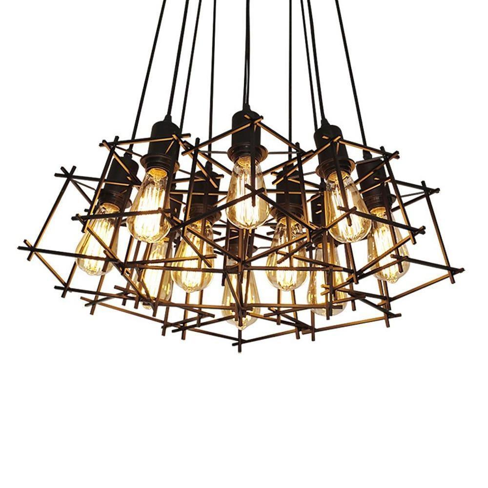 Large rectangular multi bulb cage pendant light suspended by multiple black cords.