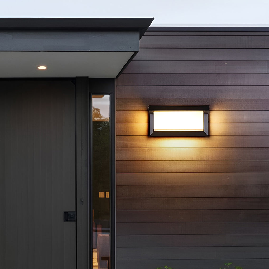 Rectangular outdoor wall lights with close-up of sleek design and light output.