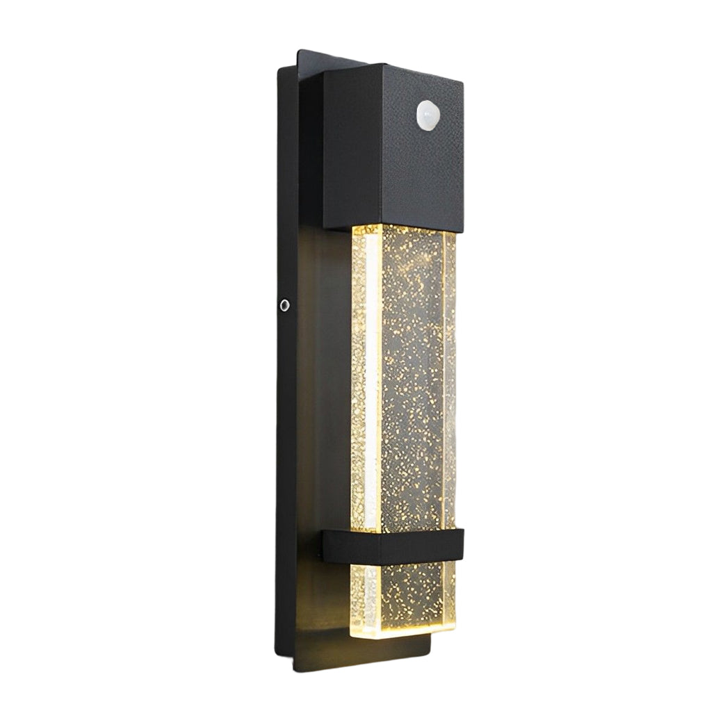 Rectangular outdoor wall lights with motion sensor integrated on black metal housing.