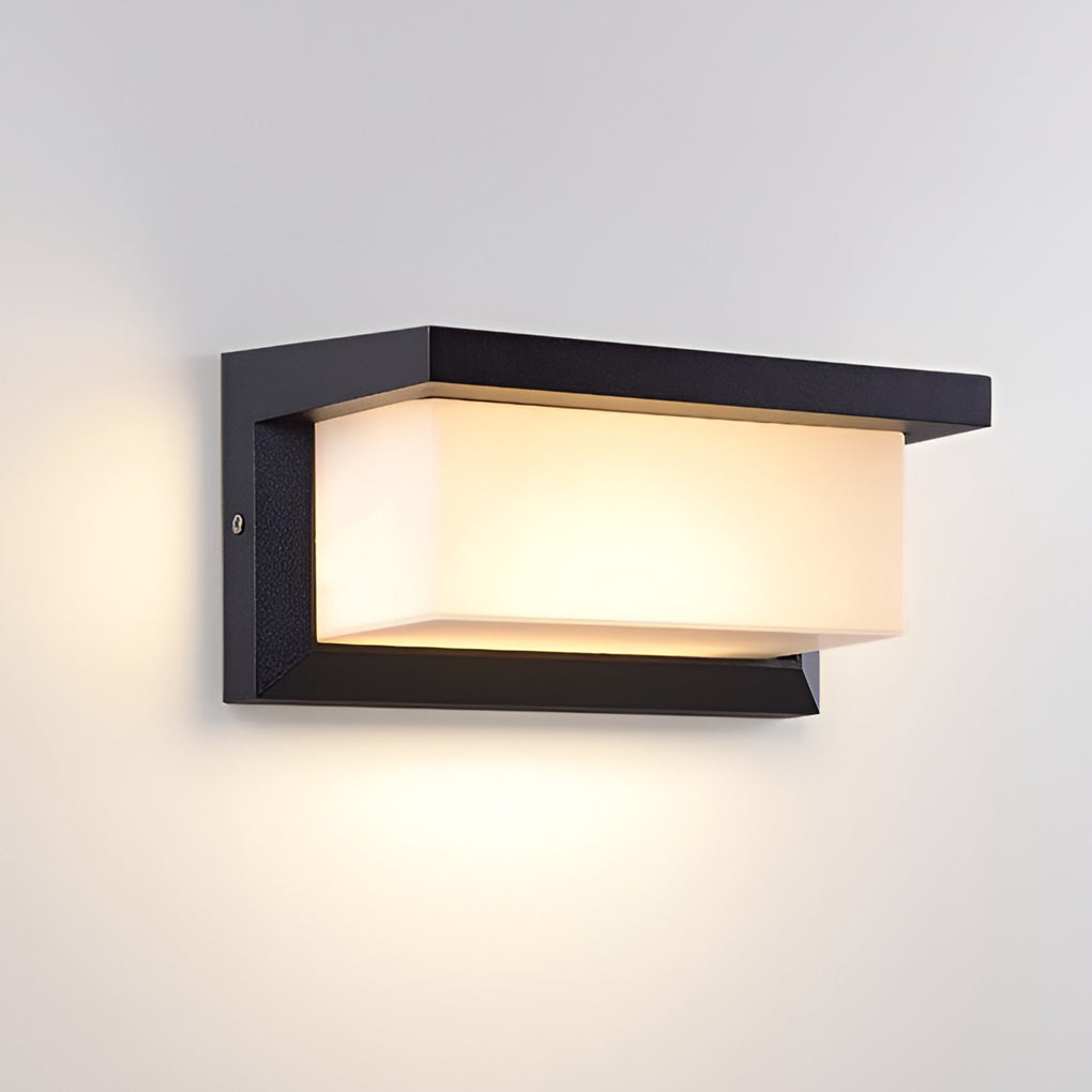 Rectangular outdoor wall lights with detailed view of their top and light diffusion.