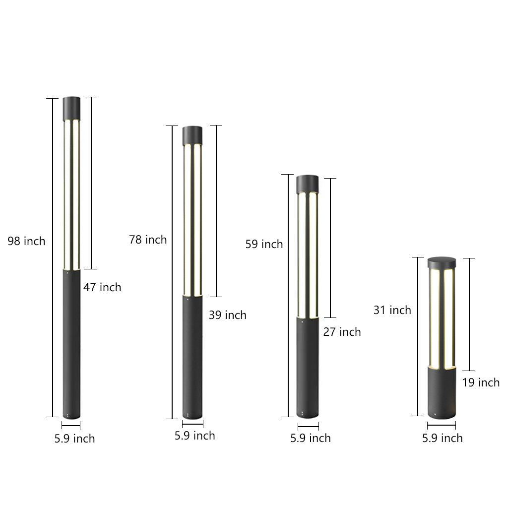 Residential bollard lights comparison image displaying multiple height variations for outdoor path and garden lighting applications.