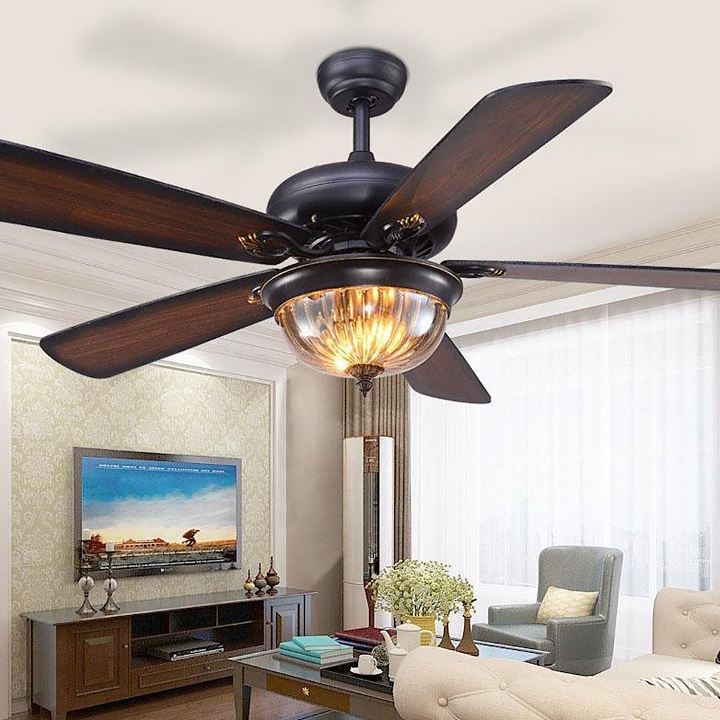 Retro ceiling fan light hanging in a living room with classic furniture and decor.