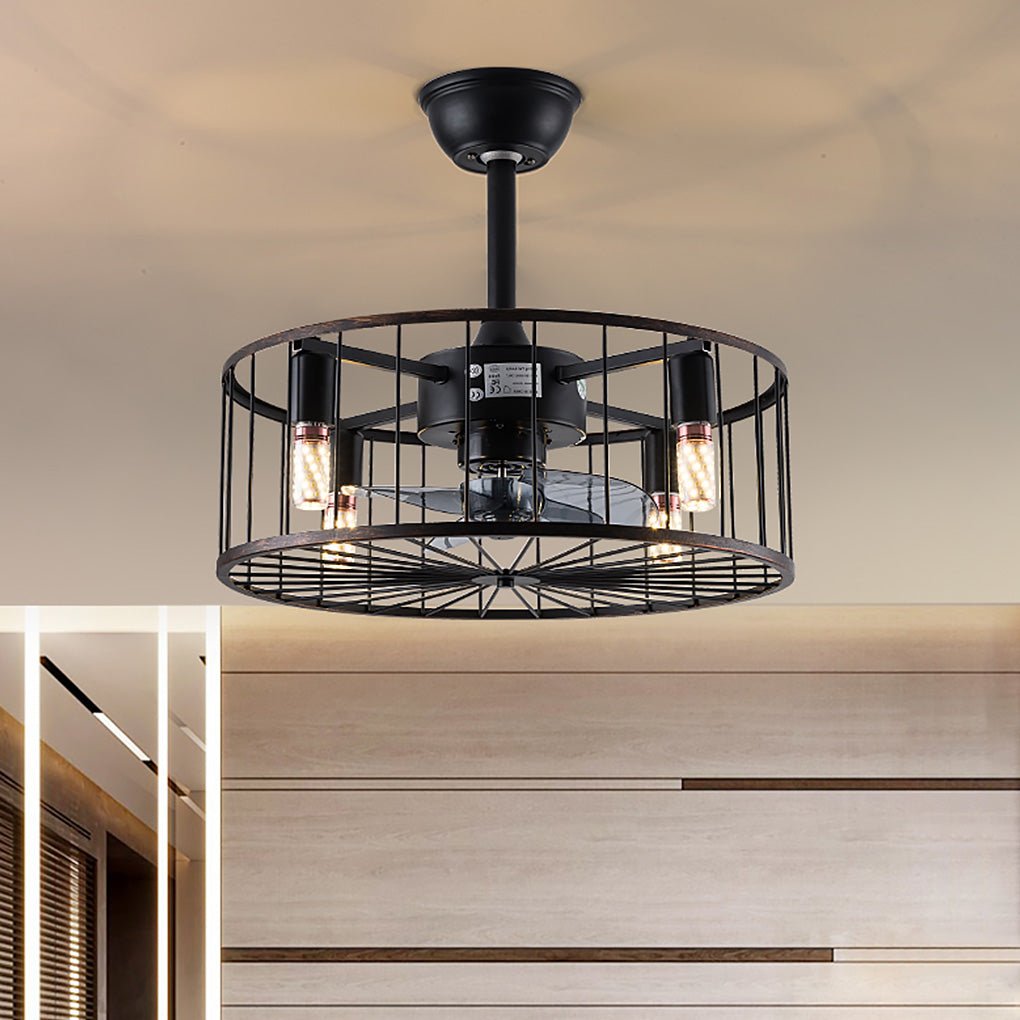 Retro Industrial Timing Three-speed Wind Regulation Mute Cage Ceiling Fan Lamp - Dazuma