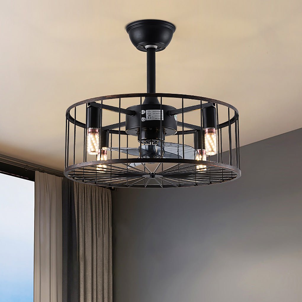 Retro Industrial Timing Three-speed Wind Regulation Mute Cage Ceiling Fan Lamp - Dazuma