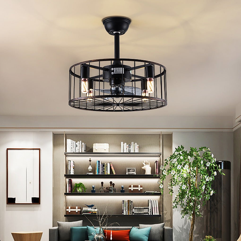 Retro Industrial Timing Three - speed Wind Regulation Mute Cage Bladeless Ceiling Fan Lamp