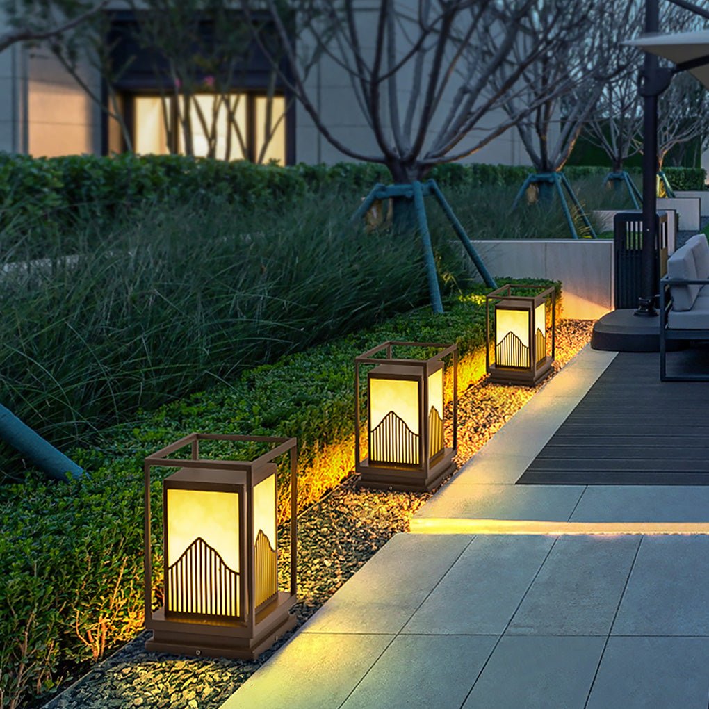Elegant Square Outdoor Garden Light with Mountain Scene Shade