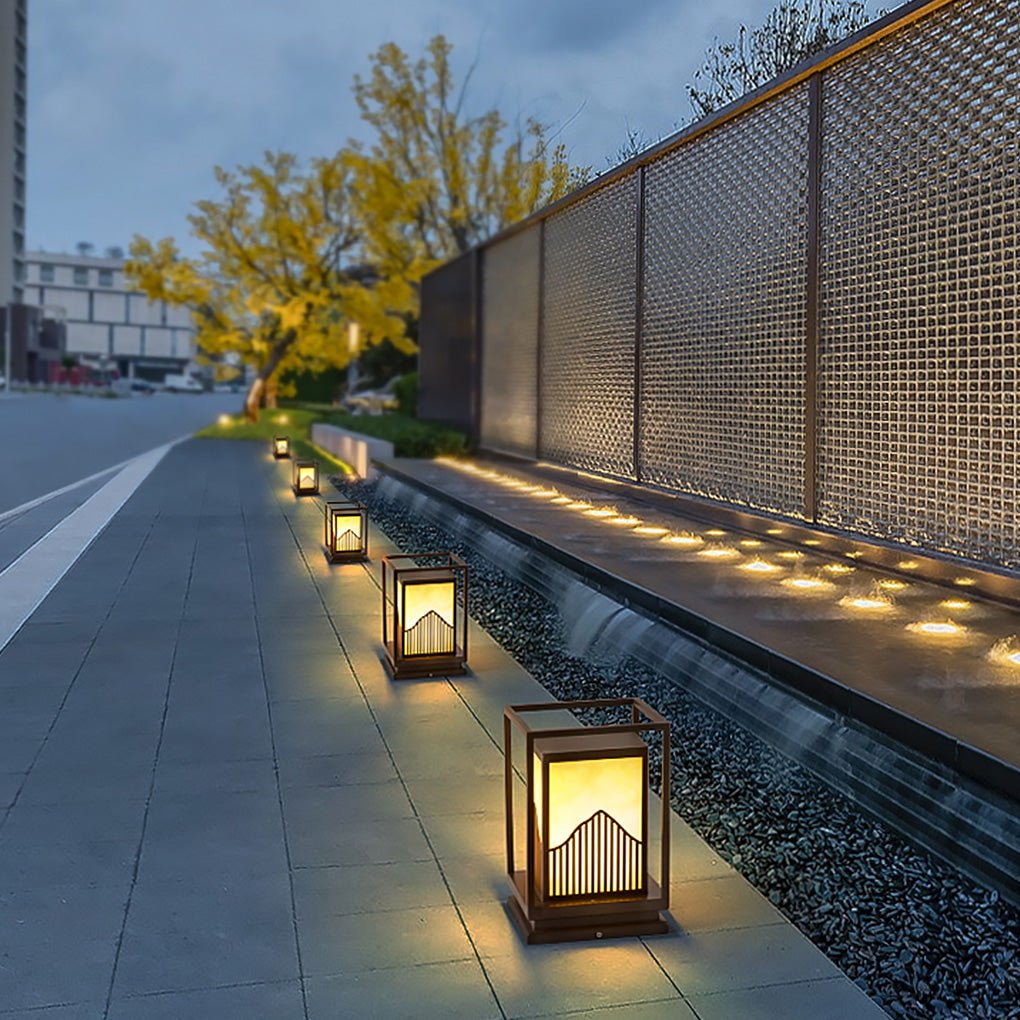 Elegant Square Outdoor Garden Light with Mountain Scene Shade