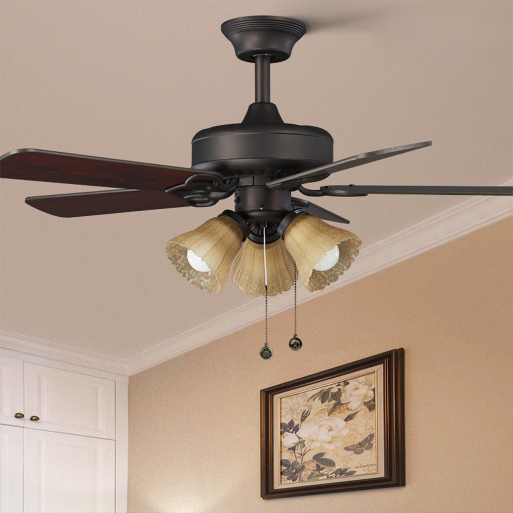 Retro Pastoral Hanging Noiseless Heat Resistant Wood Blade Ceiling Fan Lamp - Dazuma