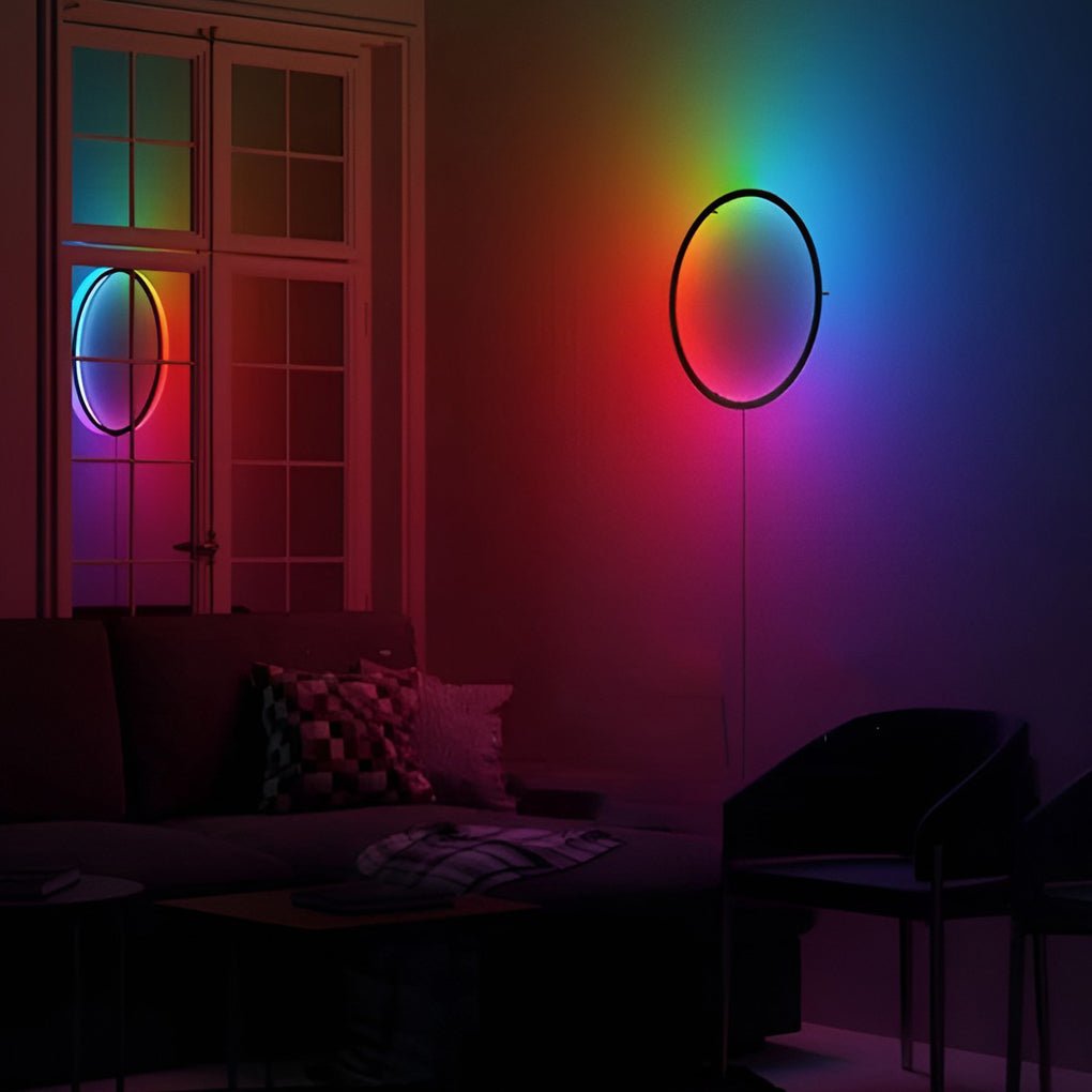 Bedroom corner accented with Rgb led ring well light producing gradient color effects.