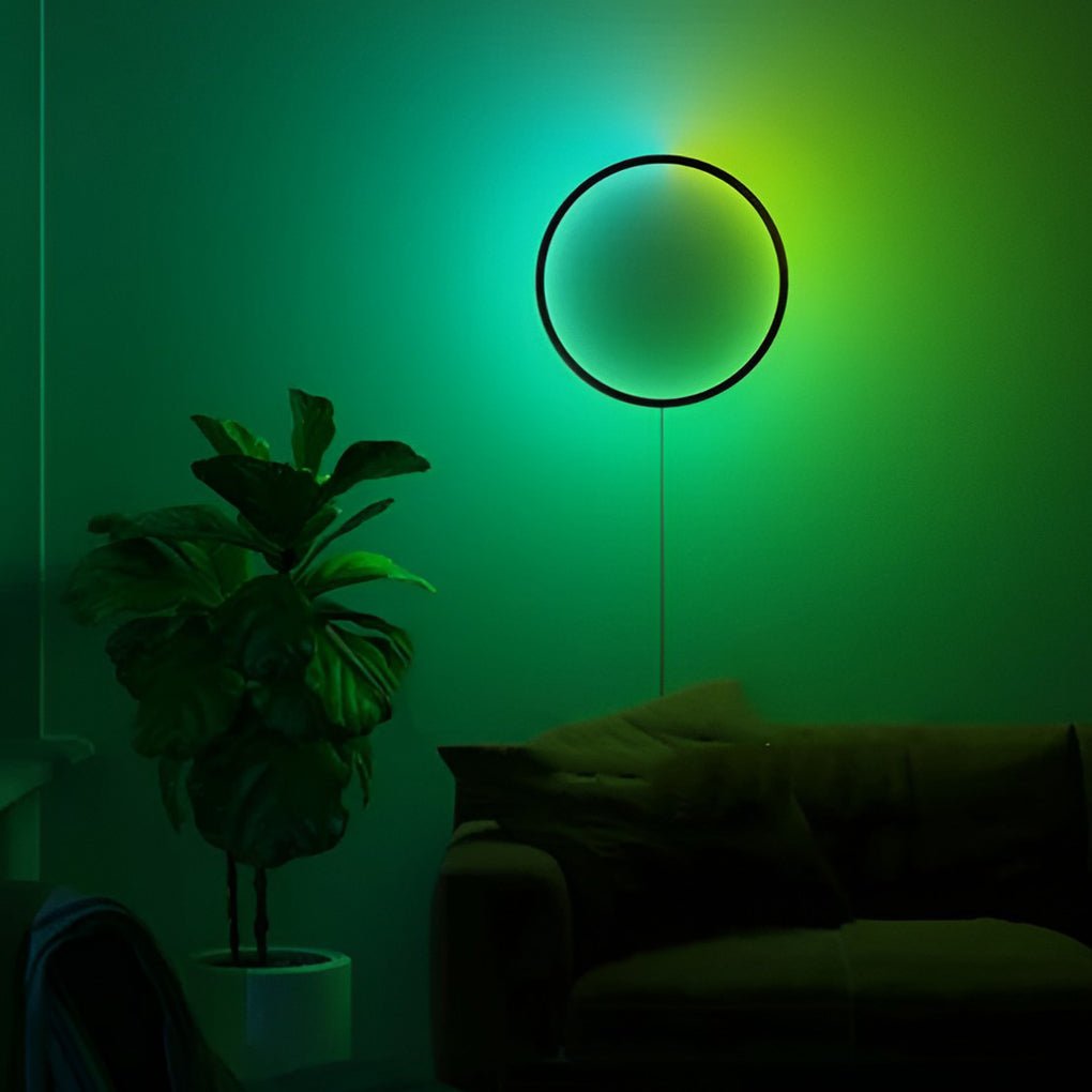 Minimalist space illuminated by green tone Rgb led ring well light for accent lighting.