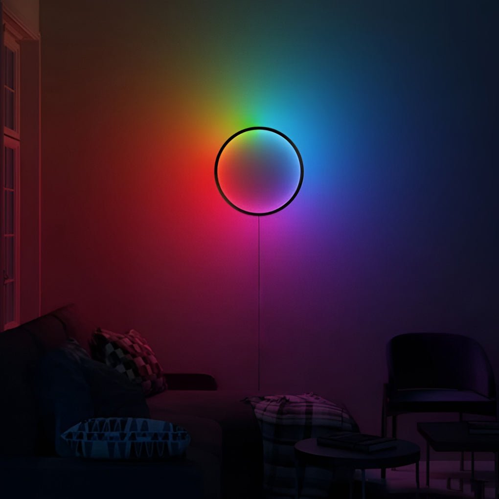 Dark room atmosphere enhanced by multicolor Rgb led ring well light for mood lighting.