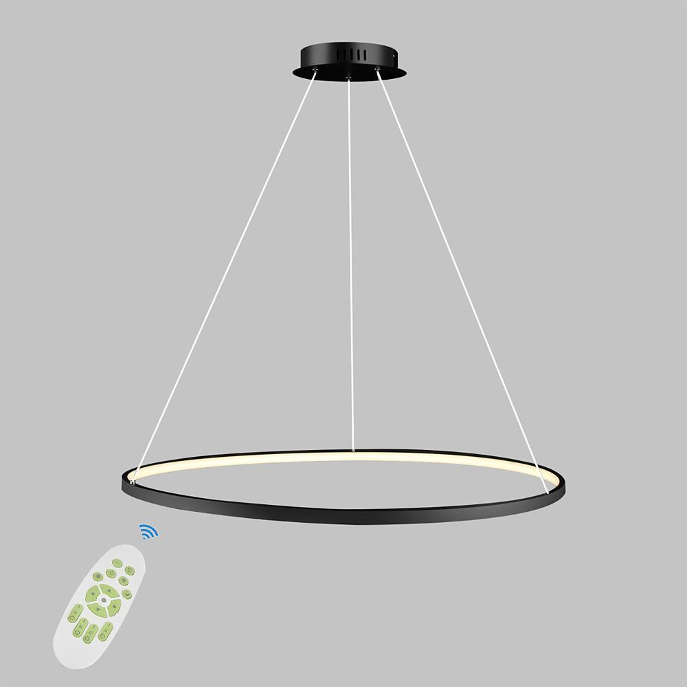 Studio-style product view of a ring chandelier LED with remote control, showcasing its thin profile and suspended circular form.