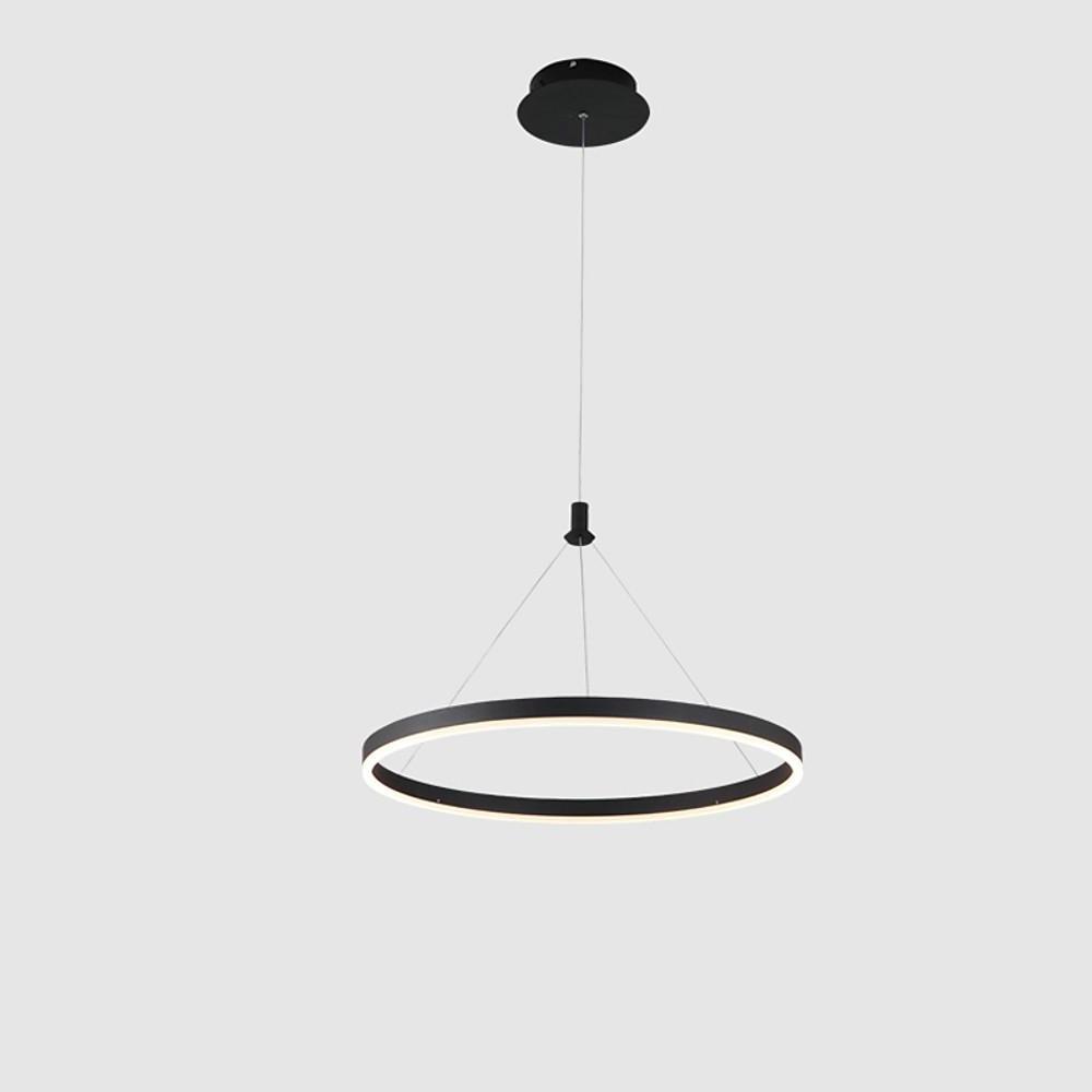Ring metal chandelier isolated on a white background with adjustable suspension wires and a black ceiling canopy.