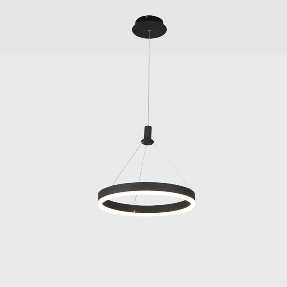 Ring metal chandelier displayed on a white background featuring a slim round profile and suspended black hardware.