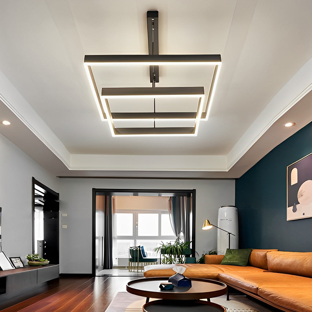 Ring square chandelier with close-up of its geometric design and light output.