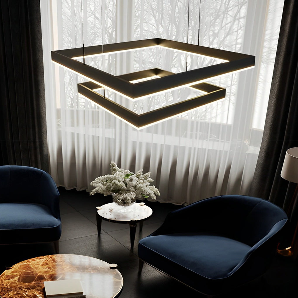 Ring square chandelier illuminating a minimalist interior with focused glow.