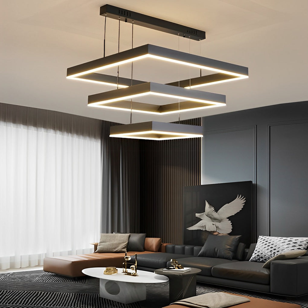 Ring square chandelier providing soft illumination in a stylish dining area.