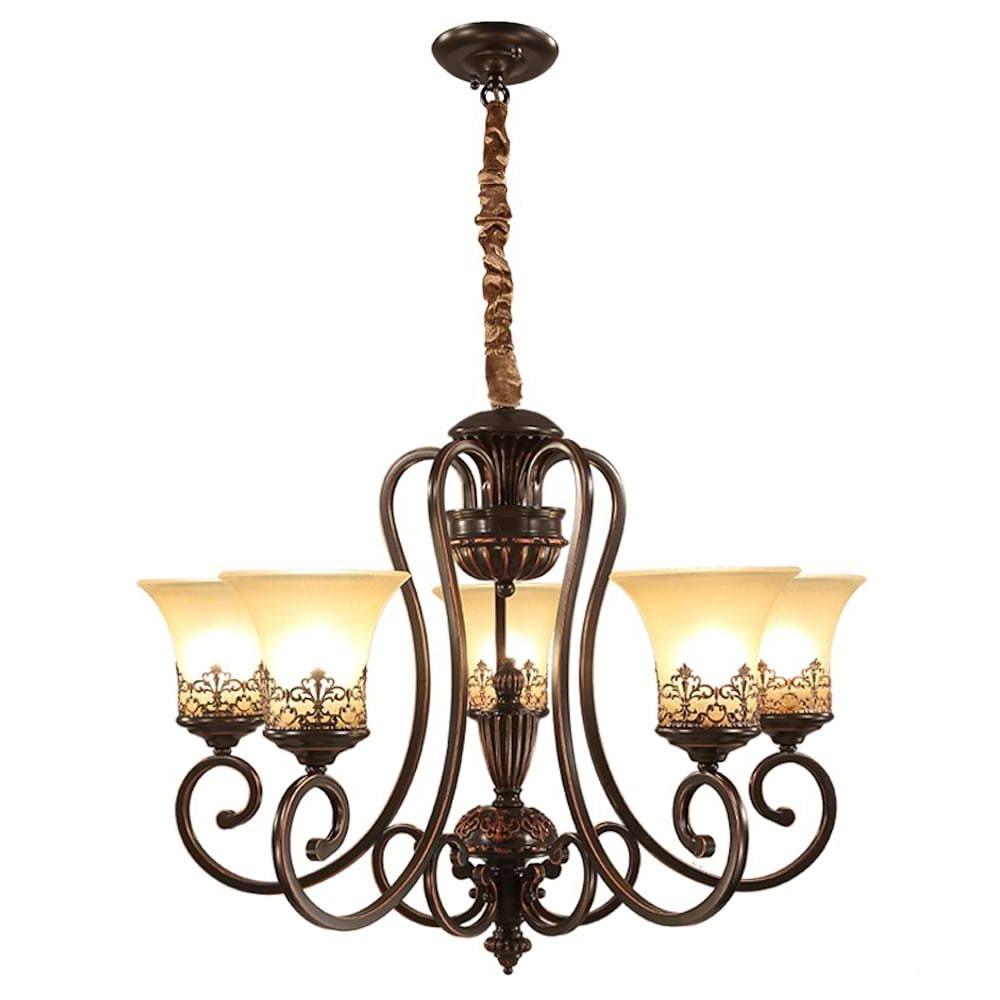 5 - light Bending Metal Bar Upside Down Glass Shade Vintage Chandelier Ceiling Light