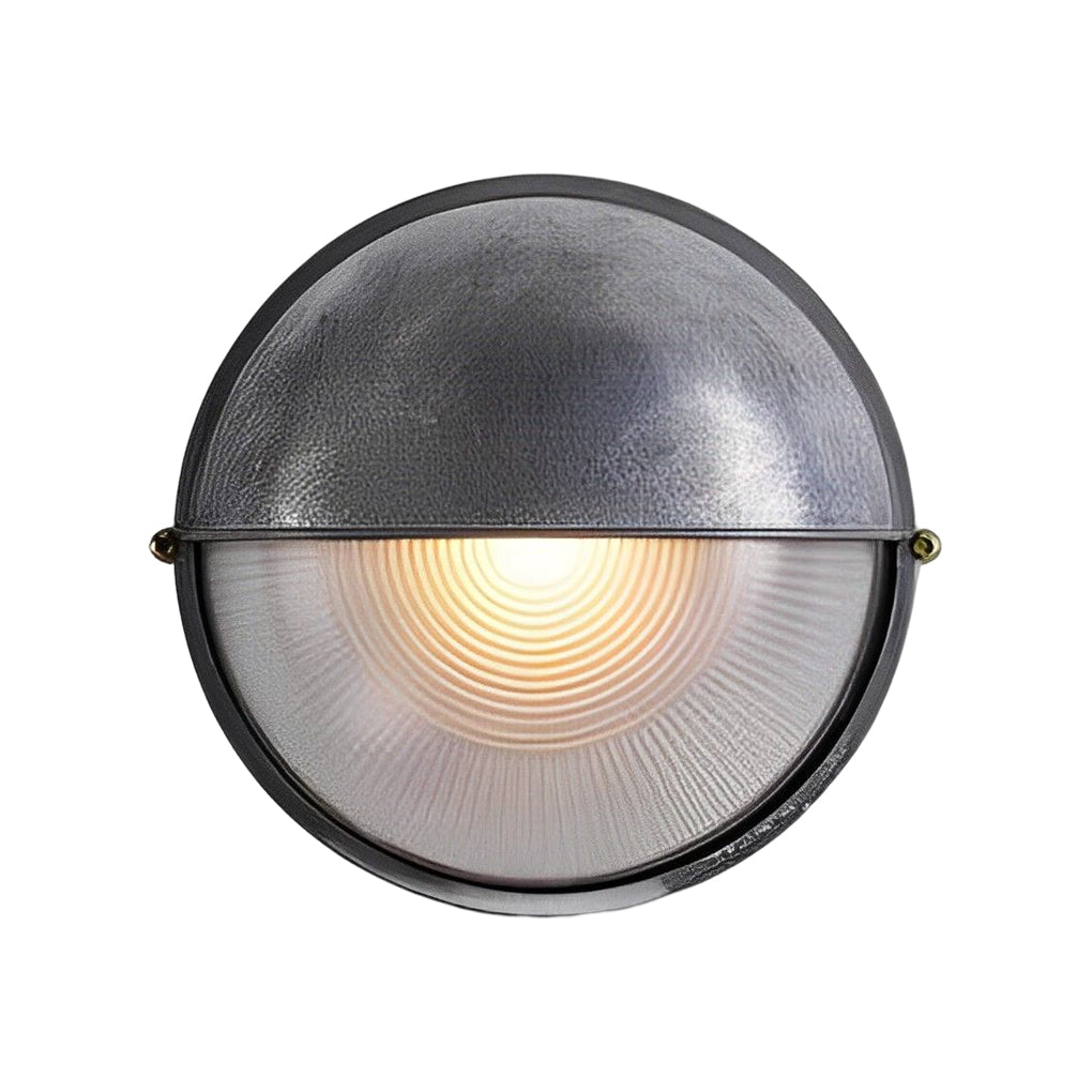 Round industrial-style bulkhead light with textured glass diffuser shown on a clean background.