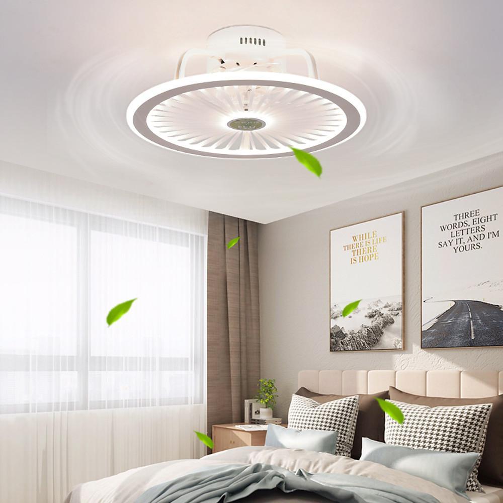 Modern round ceiling fan with LED light and airflow effect illustration.