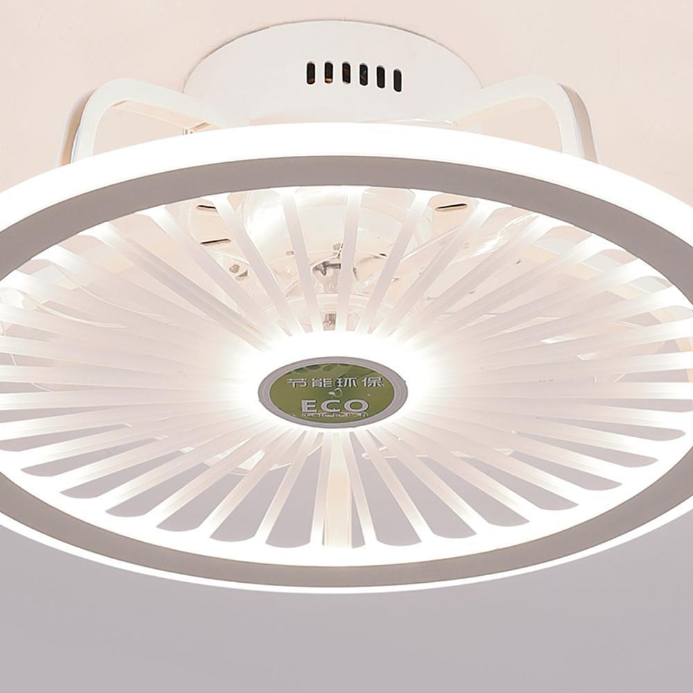 Bottom view of round ceiling fan with LED light and radial fan blades.