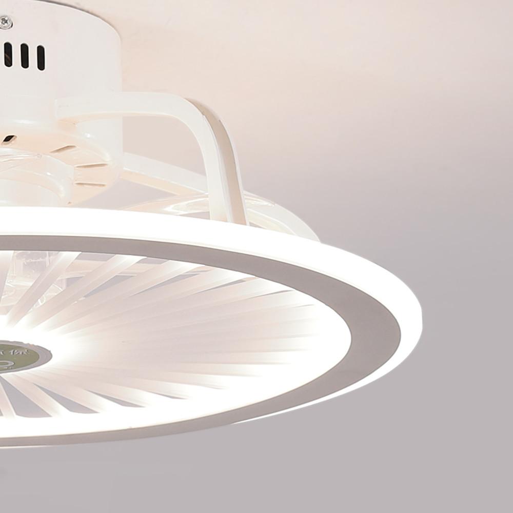Close-up of round ceiling fan LED light and fan blade design.