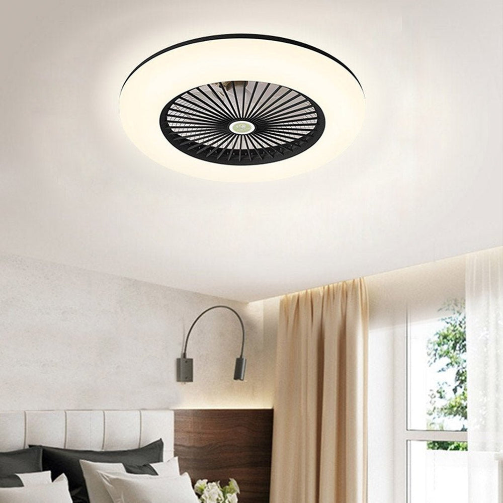 Black bladeless ceiling fan with a light