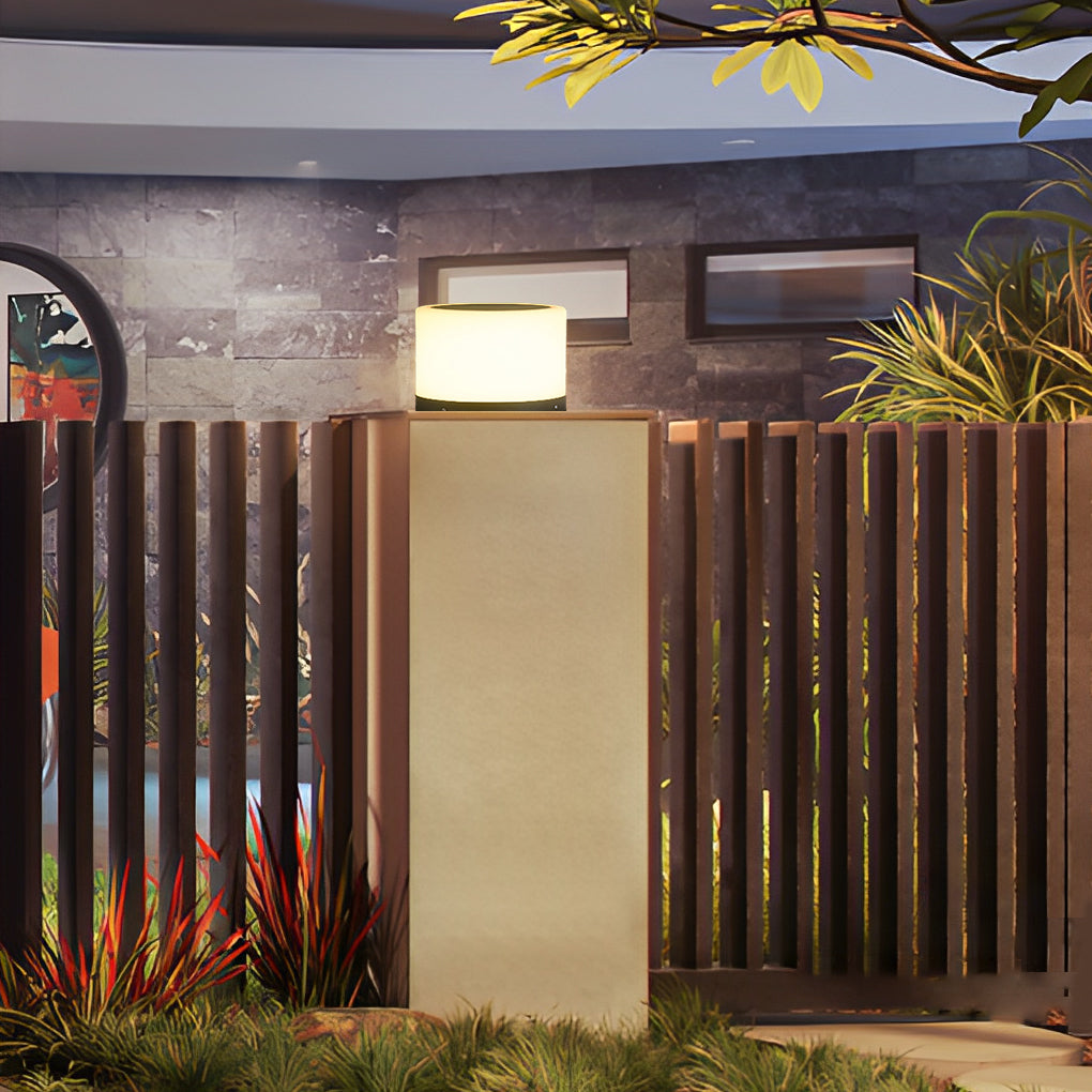 Round pillar lights with a close-up of the solar panel and light fixture.