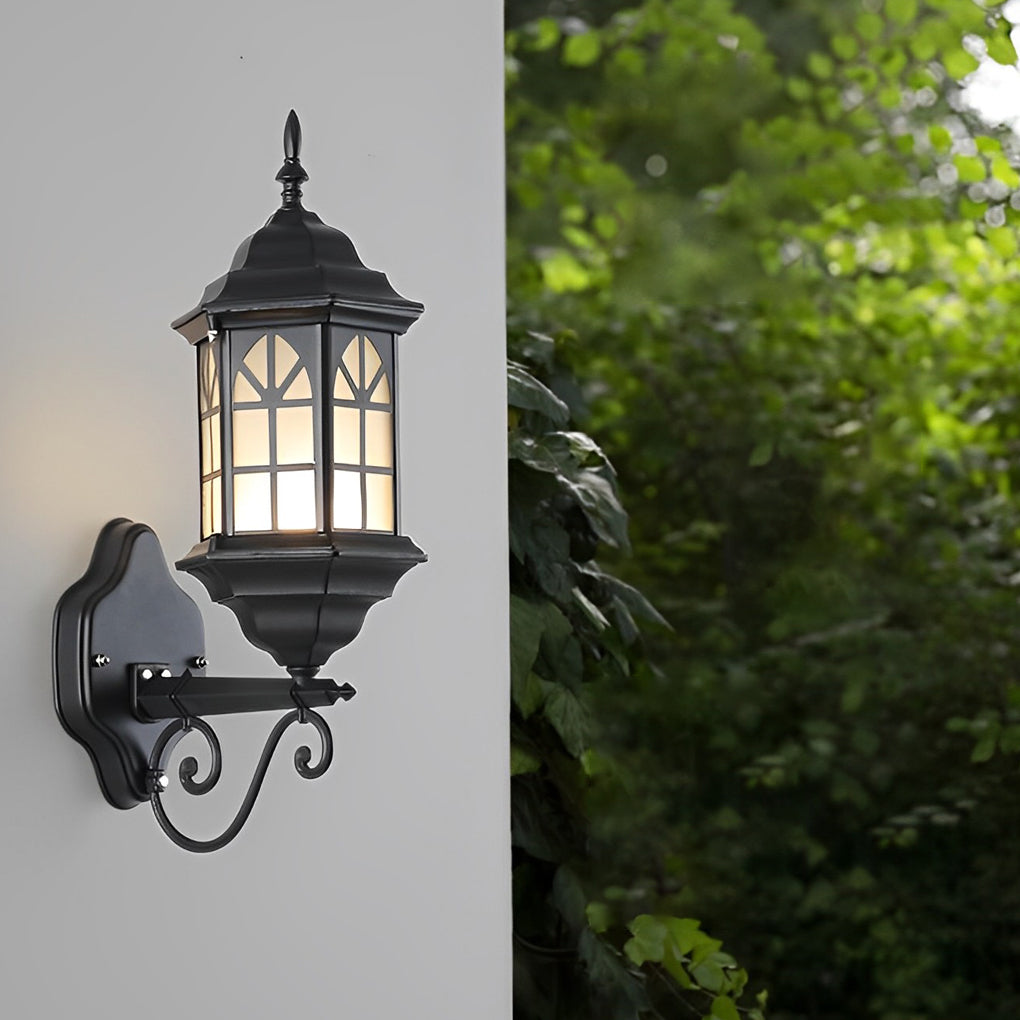 Rustic classic porch light in bronze finish with curved arm and clear glass panels for elegant outdoor lighting.