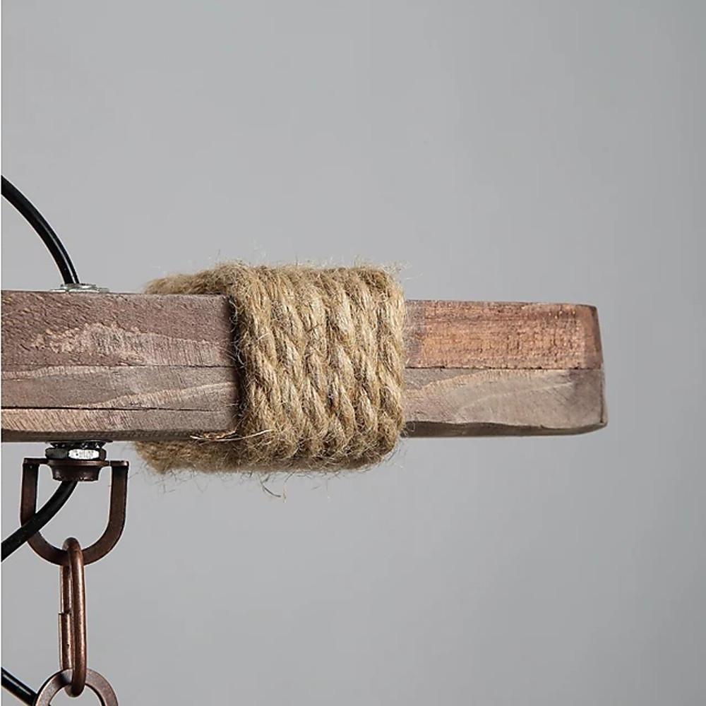 Rustic wood chandelier product image with warm amber glass lanterns.